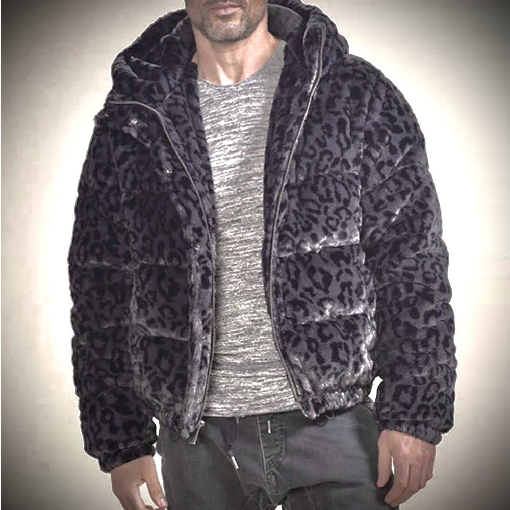 SpiritHoods Slate Leopard Classic ULTRA SOFT Faux Fur Puffer Jacket Men's/Unisex - Picture 6 of 6
